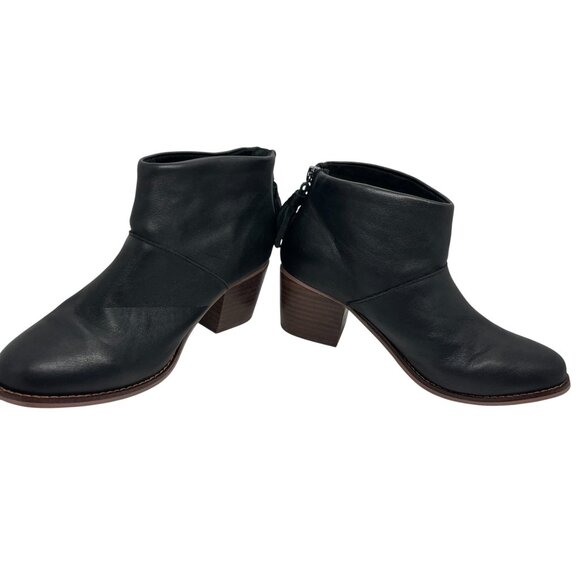 TOMS BLACK LEATHER HEEL ANKLE BOOTS 6.5 WOMENS BACK  ZIP TASSEL BOOTIES WOOD HEE - Picture 8 of 16